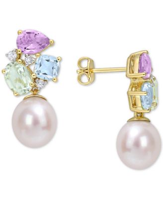Macy's - Cultured Freshwater Pearl (9mm) & Multi-Gemstone (4-3/4 ct. t.w.) Drop Earrings in 18k Gold-Plated Sterling Silver