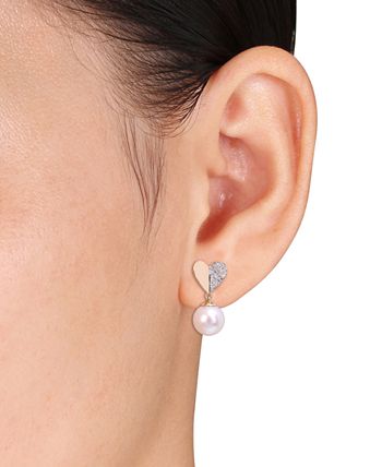 Macy's - Cultured Freshwater Pearl (8-1/2mm) & Diamond (1/6 ct. t.w.) Heart Drop Earrings in 14k Gold