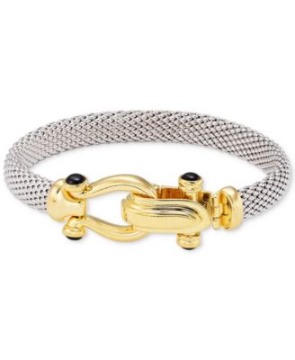 Horseshoe Bangle Bracelet with Black Spinel Accents in Sterling Silver and 14k Gold over Silver 