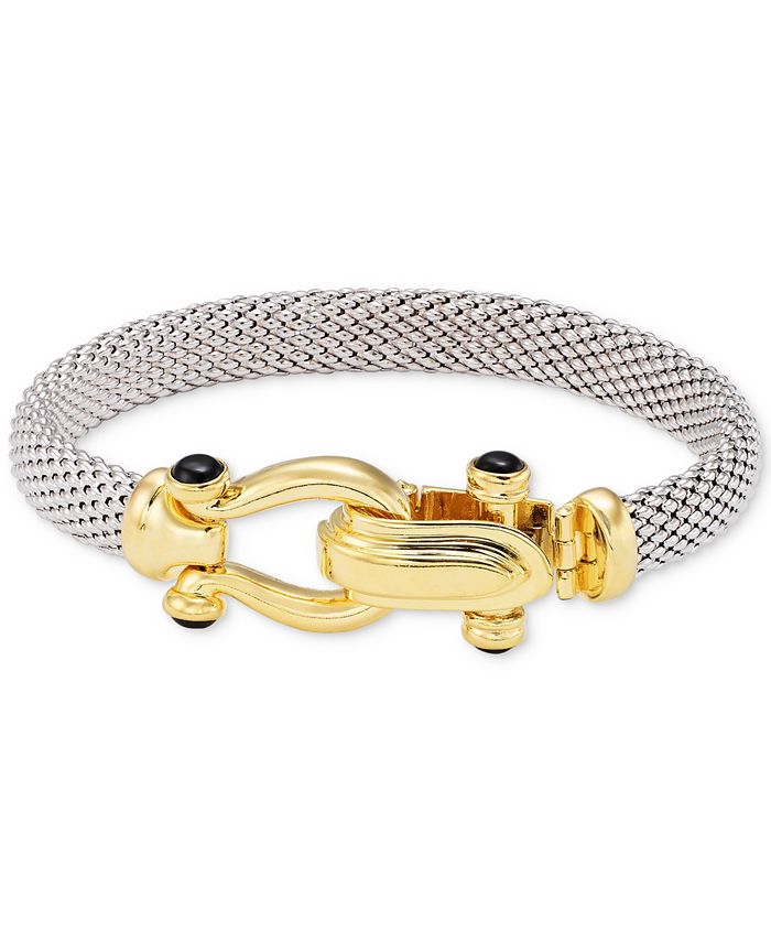 Italian Gold Horseshoe Bangle Bracelet with Black Spinel Accents in