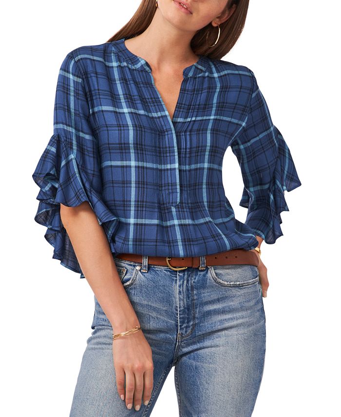 Vince Camuto Women's Plaid Ruffle-Sleeve Top & Reviews - Tops - Women ...