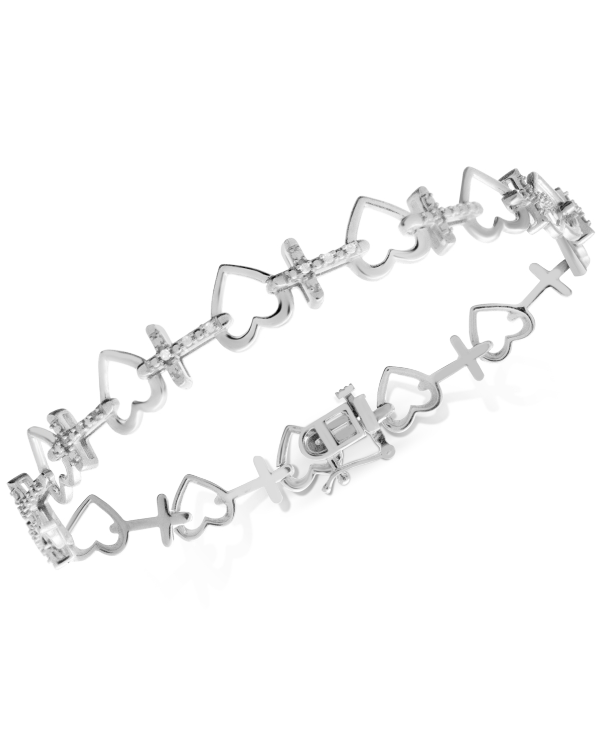 Macy's Diamond Heart & Cross Link Bracelet (1/6 Ct. T.w.) In Sterling Silver