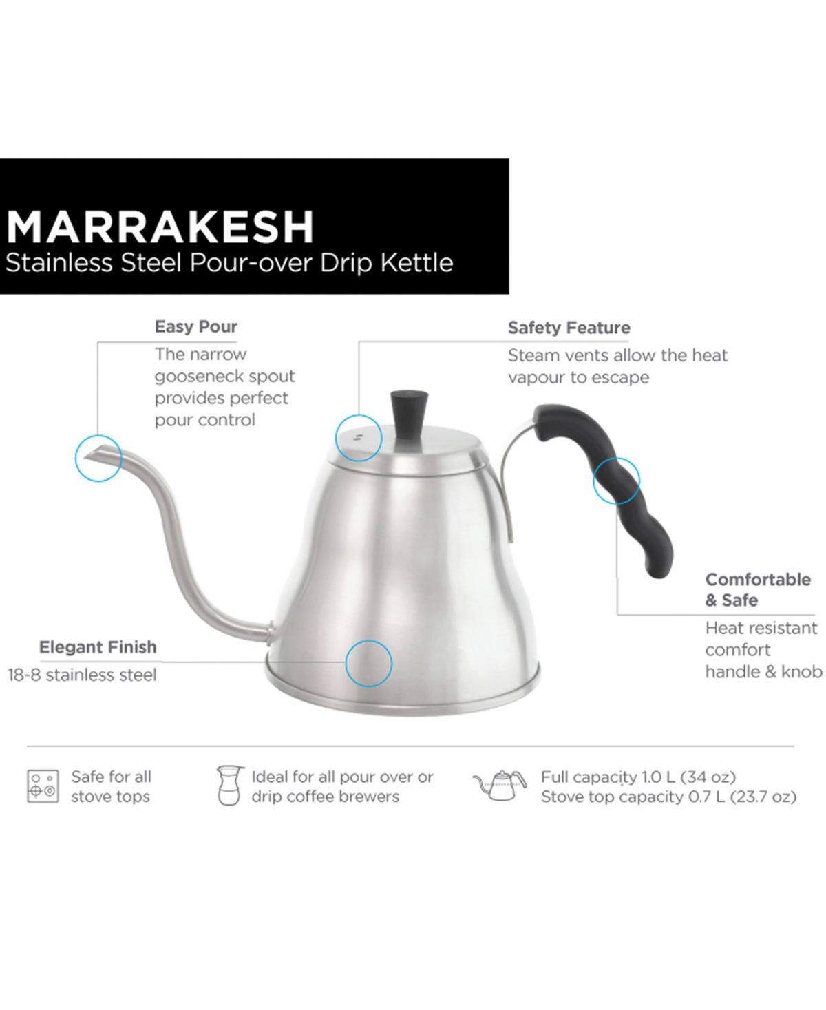 Grosche Marrakesh Stainless Steel Gooseneck Pour Over Dripper Kettle , 34 fl oz Capacity - Silver-Tone