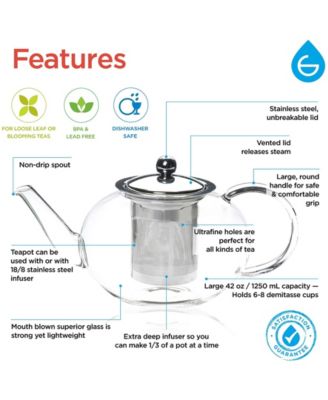 Joliette Hand Blown Glass Teapot with Stainless Steel Infuser, 42 fl oz Capacity