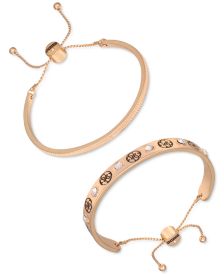 Gold-Tone 2-Pc. Set Textured & Crystal Logo Slider Bracelets