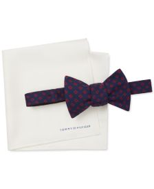 Men's Neat Pre-Tied Bow Tie & Solid Pocket Square Set 