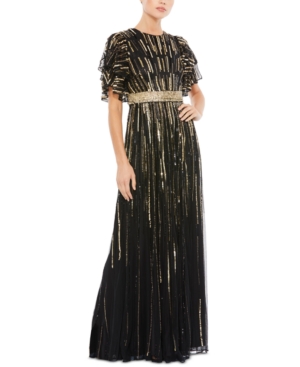 Mac Duggal Sequined Flutter-sleeve Gown In Black