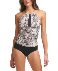 Printed High-Neck Halter Tankini Top & Tummy-Control Bikini Bottoms