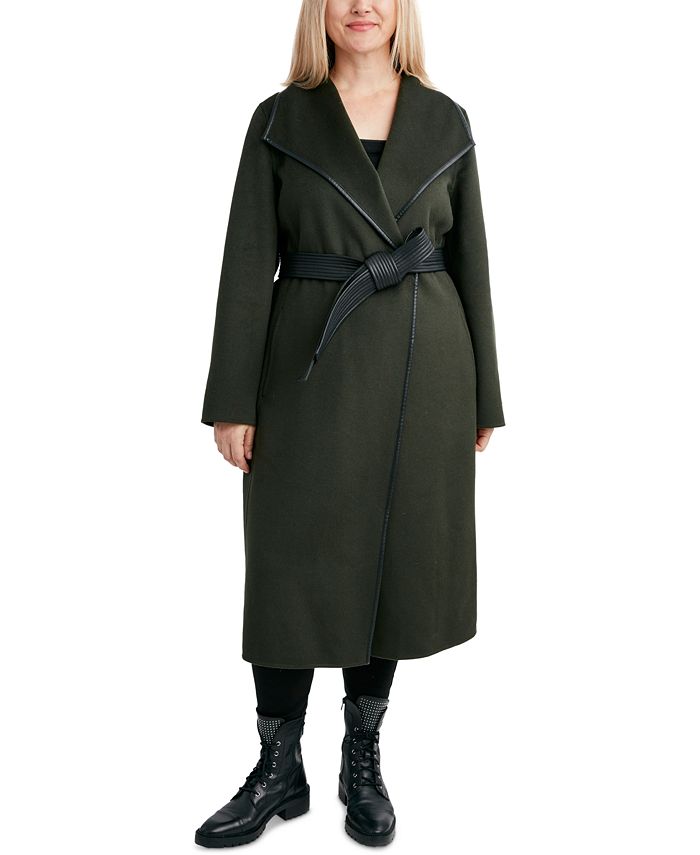 Tahari Women's Plus Size Double-Face Faux-Leather Belted Coat, Created ...