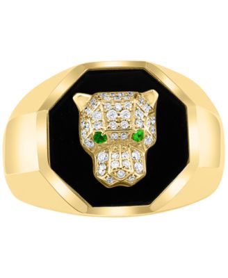 EFFY&reg; Men's Onyx, Diamond (1/4 ct. t.w.) & Tsavorite Accent Panther Ring in  14k Gold