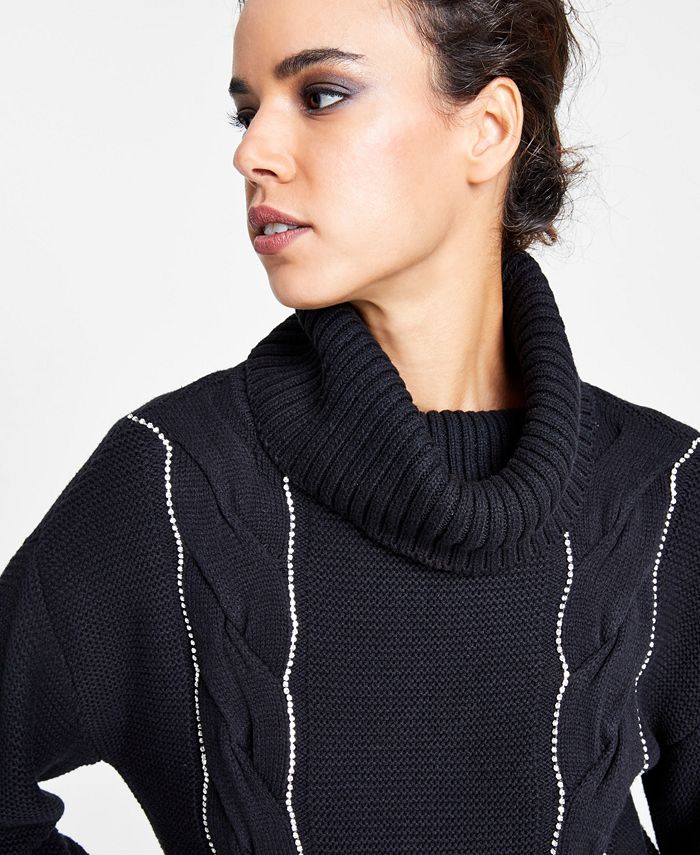 INC International Concepts Rhinestone CableKnit Sweater Top, Created