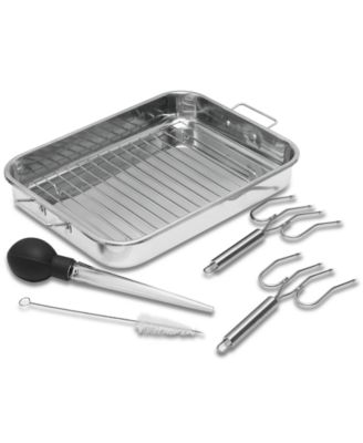 Photo 1 of Sedona 16" Stainless Steel Roaster Pan Set
Set includes 16" roasting pan, rack, turkey lifters, baster and cleaning brush
Straight sides prevent splatters and spills
Folding handles for a secure grip
Stainless steel
Hand wash; oven safe to 450°F