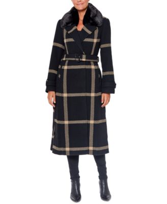 Faux-Fur-Collar Plaid Maxi Wrap Coat
