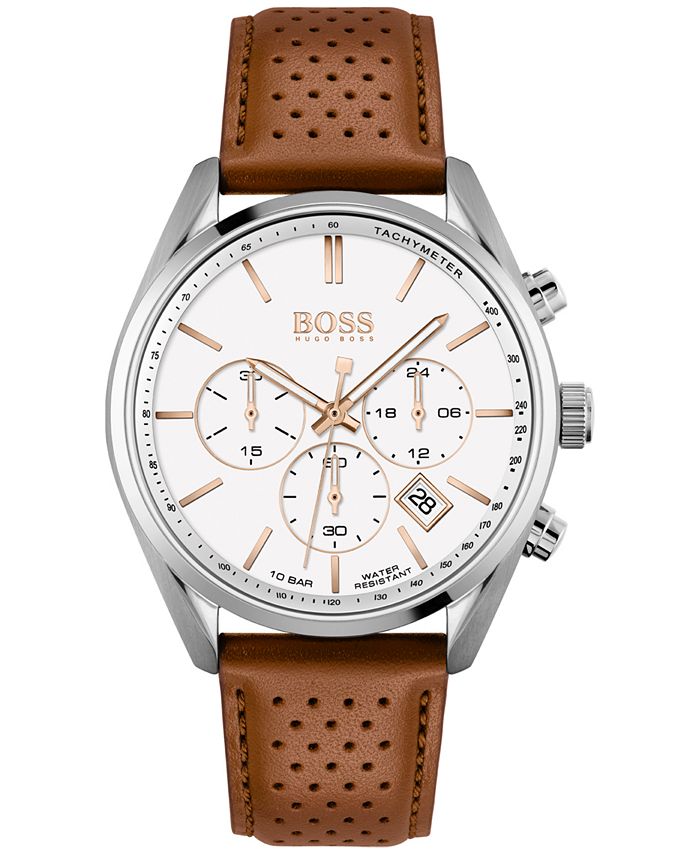 BOSS - Men's Chronograph Champion Brown Perforated Leather Strap Watch 44mm