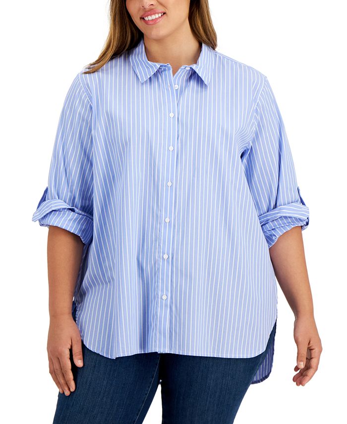 Calvin Klein Plus Size Striped Collared Boyfriend Shirt - Macy's