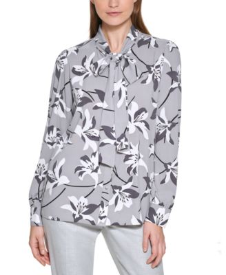 Calvin Klein - Petite Floral-Print Tie-Neck Blouse