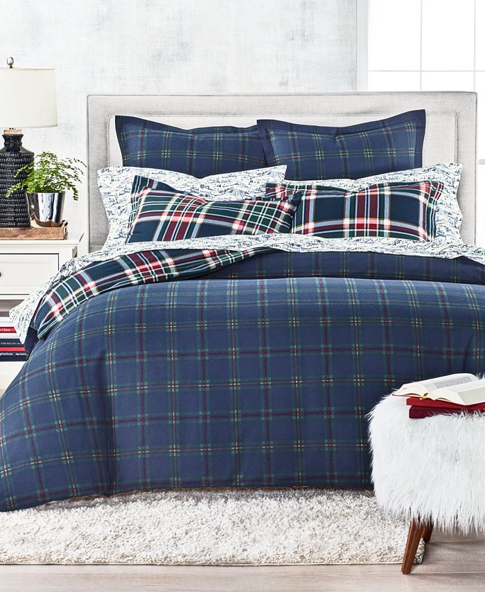 Holiday Flannel Navy Plaid Duvet Cover, Navy Plaid Duvet Cover