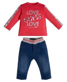 Baby Girls Applique Logo T-shirt and Pull On Knit Denim Joggers, 2 Piece Set