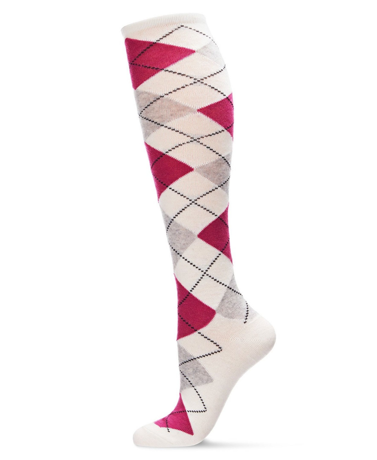 MeMoi Women's Argyle Shades Cashmere Blend Knee High Socks - Winter White-Fuchsia