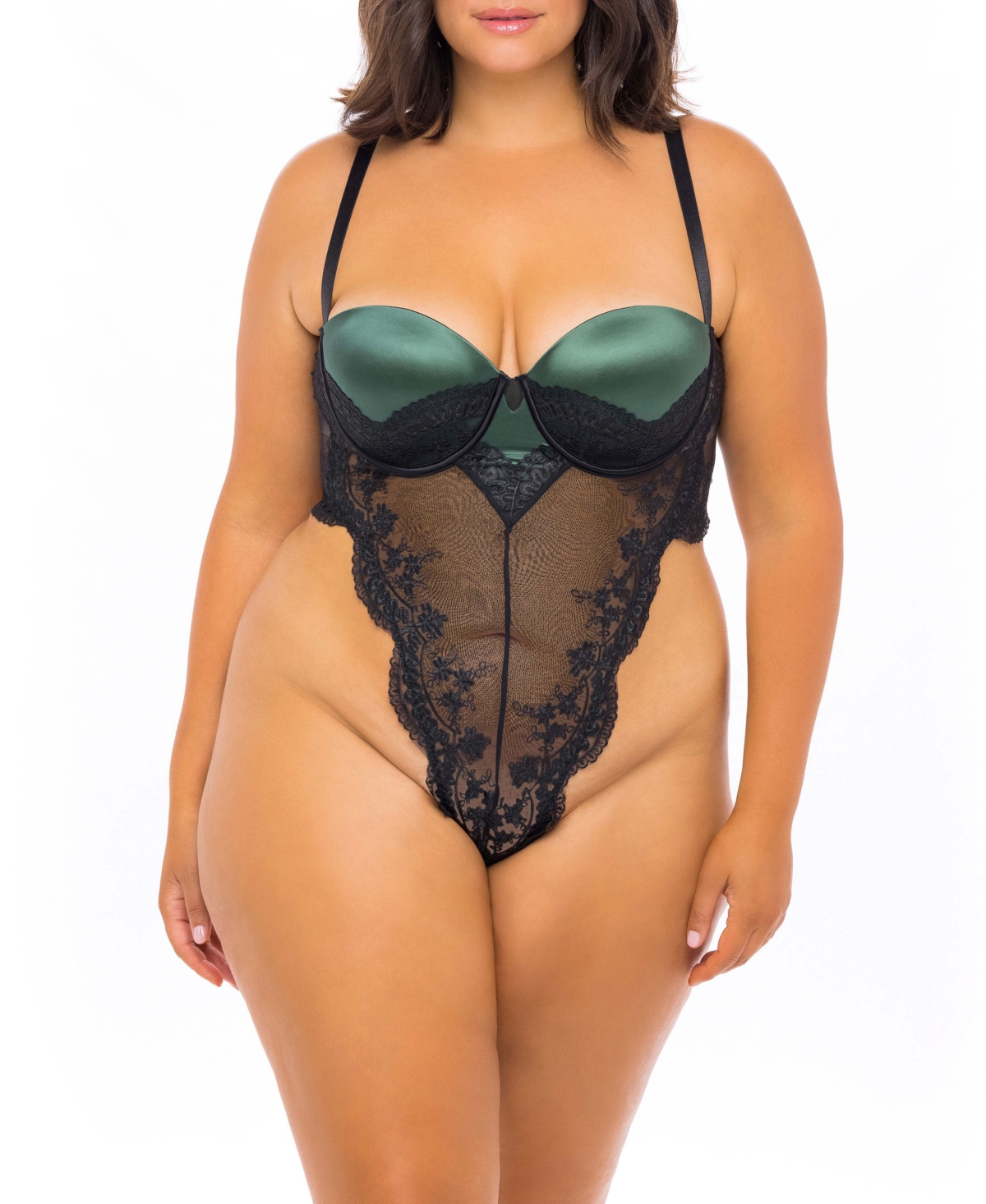 Plus Size Mold Cup High Leg Lingerie Teddy with Embroidery Detailing - Dark Green, Black