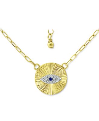 Lab-Created Blue Sapphire & Cubic Zirconia Evil Eye Disc Pendant Necklace, 16" + 2" extender, Created for Macy's