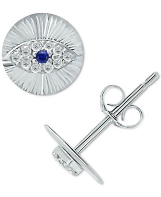 Lab-Grown Blue Sapphire & Cubic Zirconia Evil Eye Disc Stud Earrings