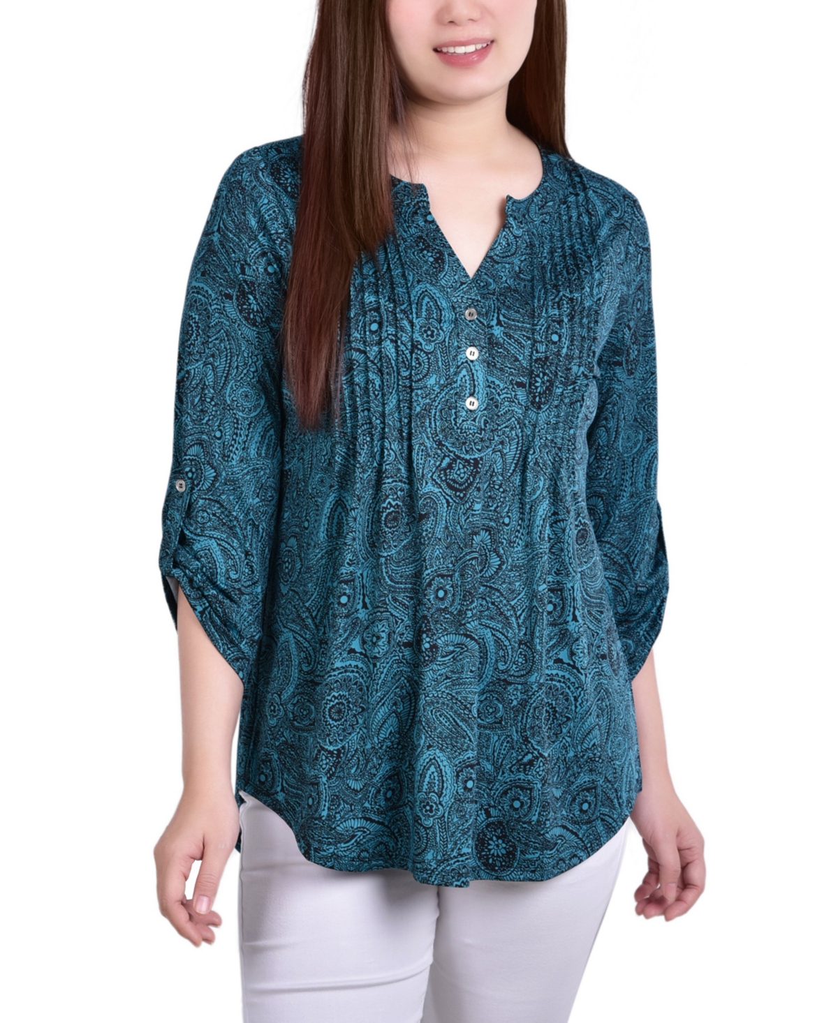 Women's Knit Jacquard 3/4 Sleeve Roll Tab Top - Peacock Blue Tie Dye