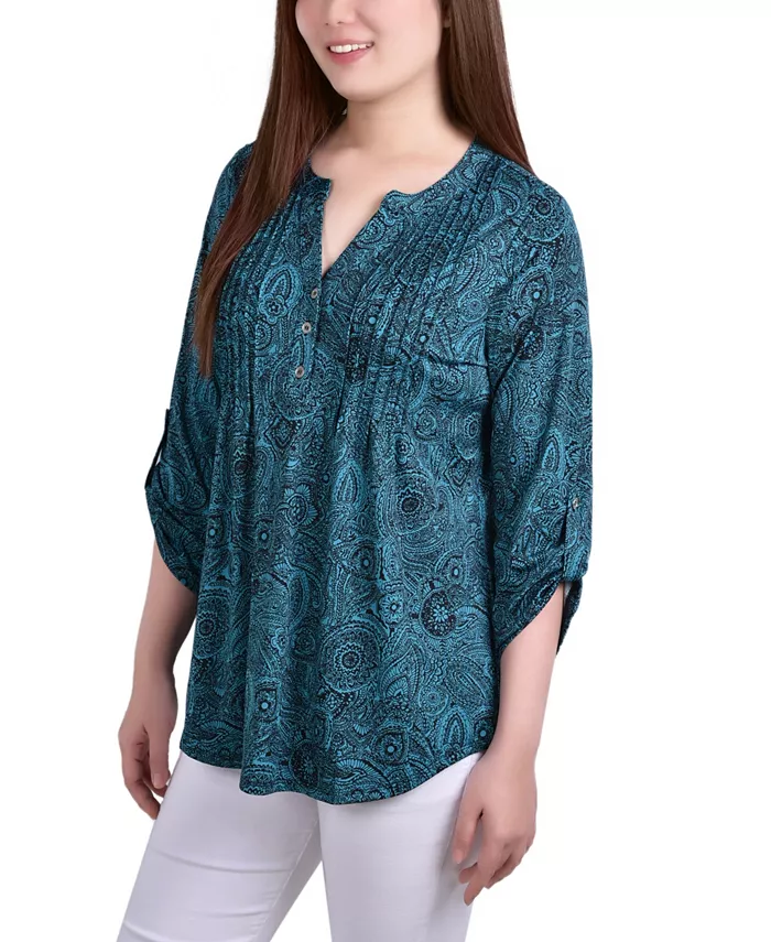 Women's Knit Jacquard 3/4 Sleeve Roll Tab Top - thumbnail 5