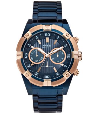 GUESS - Men's Chronograph Blue-Tone Stainless Steel Bracelet Watch 44mm U0377G4