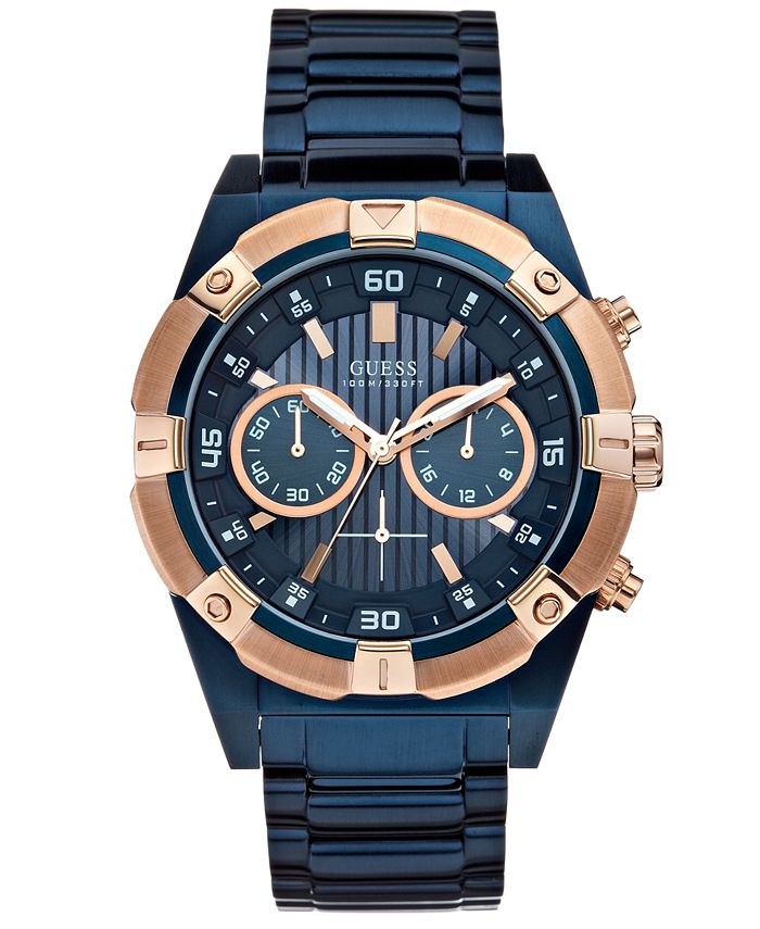 GUESS Men's Chronograph Blue-Tone Stainless Steel Bracelet Watch 44mm ...
