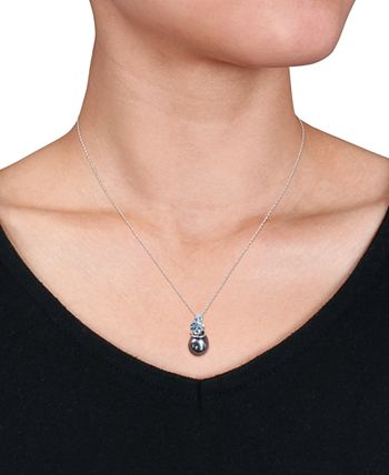 Macy's - Cultured Tahitian Pearl (9-10mm), Blue Topaz (5/8 ct. t.w.), & Diamond Accent 17" Pendant Necklace in 14k White Gold
