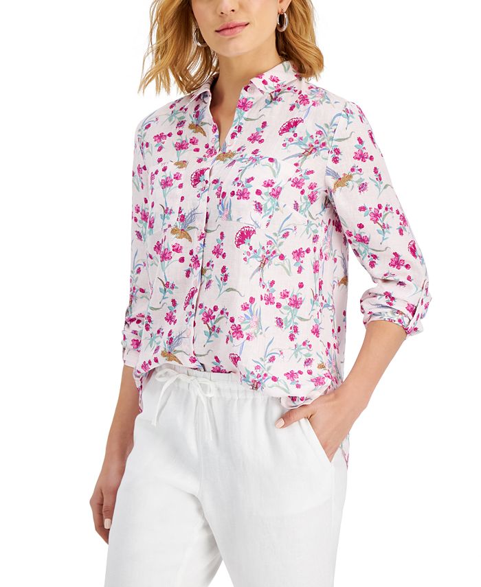 Charter Club Linen Printed RollTabSleeve Shirt, Created for Macy's