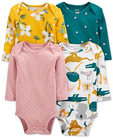 Baby Girls 4-Pack Long-Sleeve Printed Cotton Bodysuits