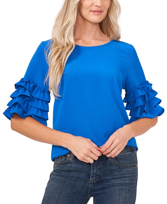 CeCe Women's Tiered Ruffle Elbow-Sleeve Crew Neck Blouse - Macy's