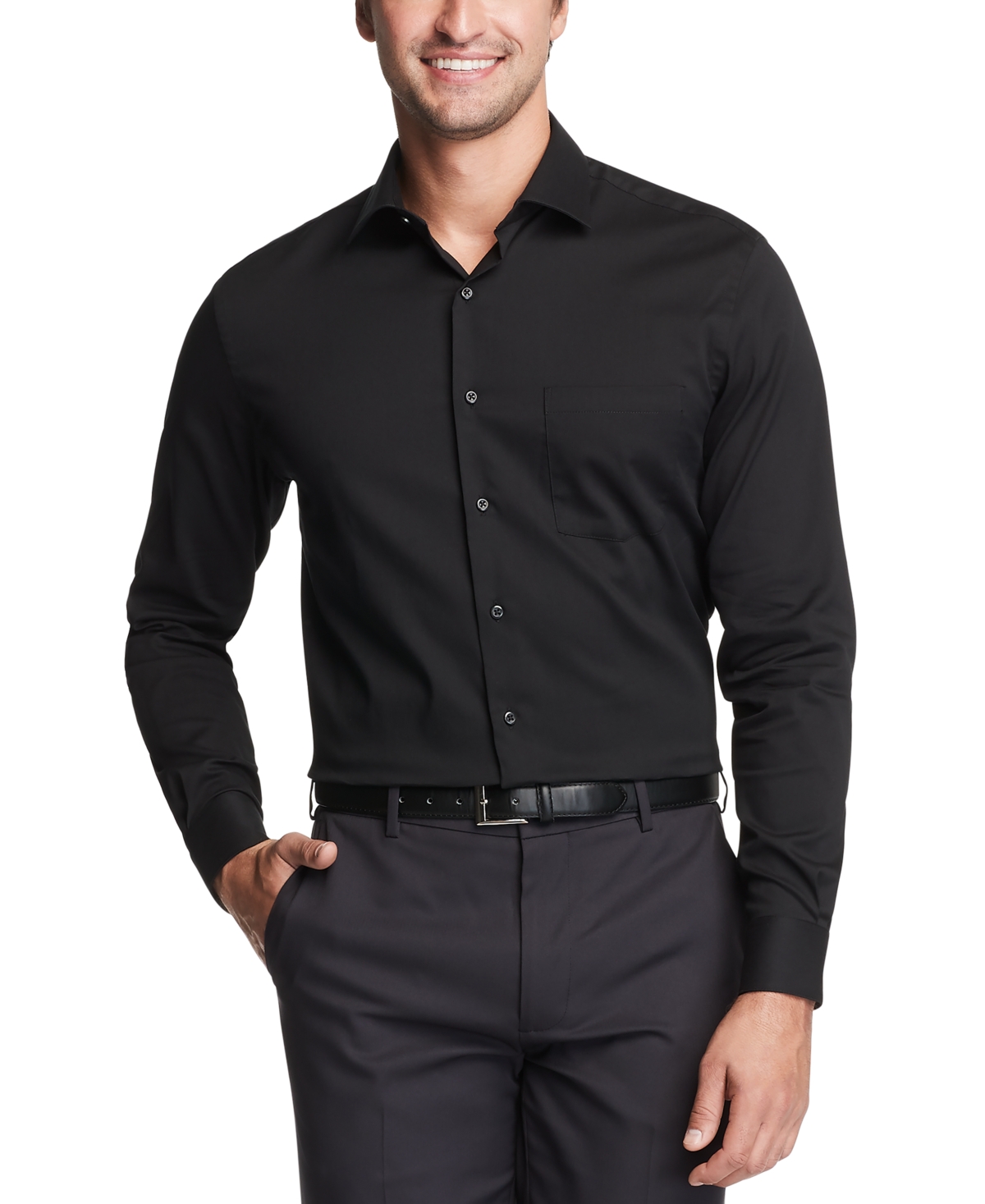 Men's Big & Tall Classic/Regular-Fit Stain Shield Performance Stretch Textured Dress Shirt - Black