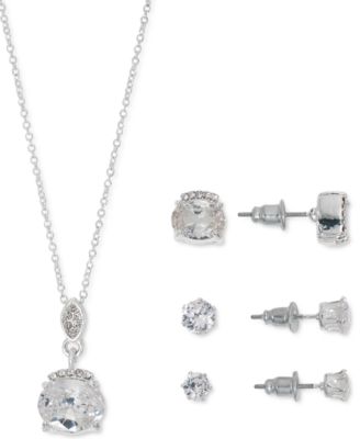 Photo 2 of Cubic Zirconia Oval Pendant Necklace & 3-Pc. Stud Earrings Set in Silver Plate