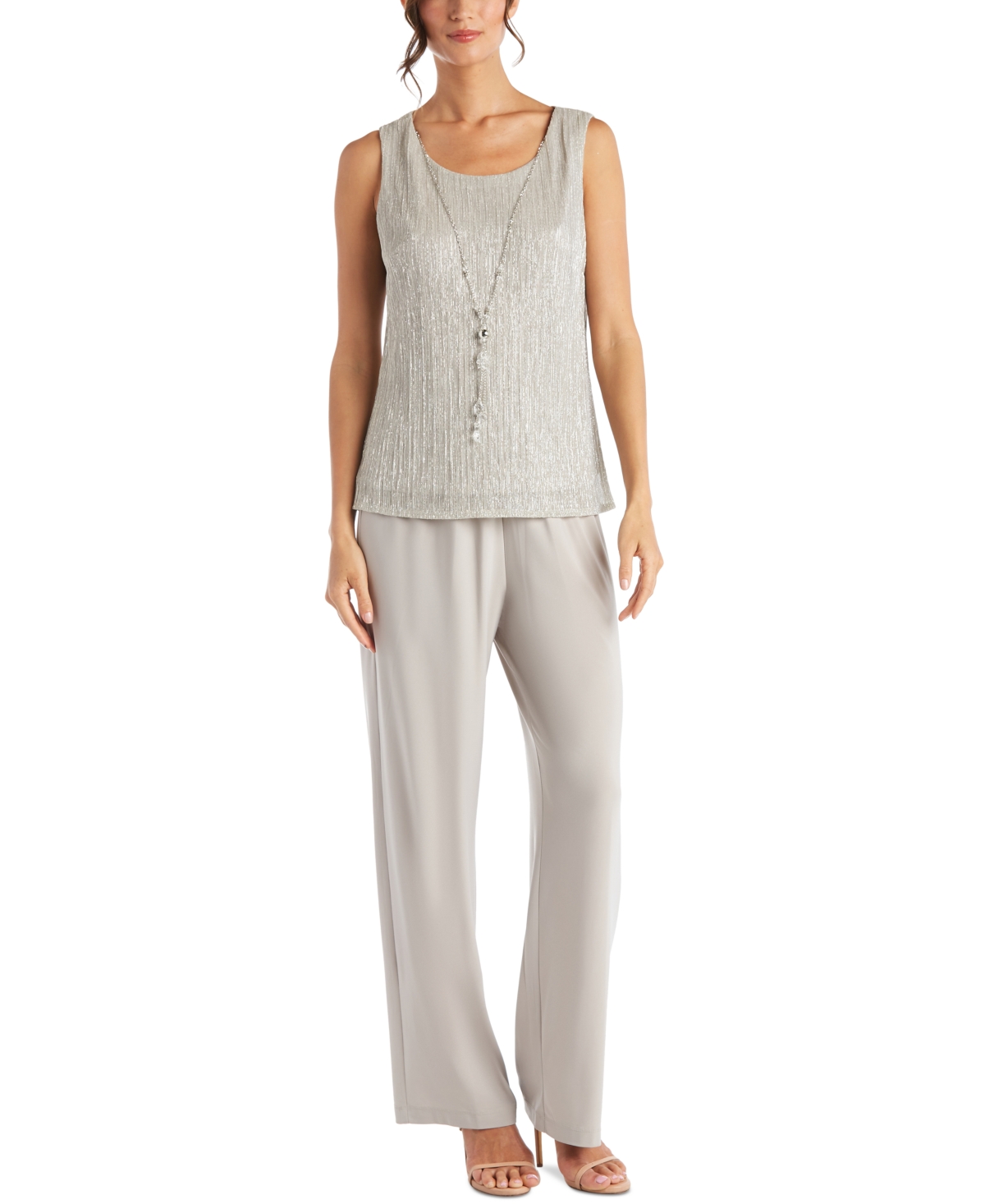 R & M Richards Petite 3-Pc. Metallic Jacket, Necklace Top Pants Set