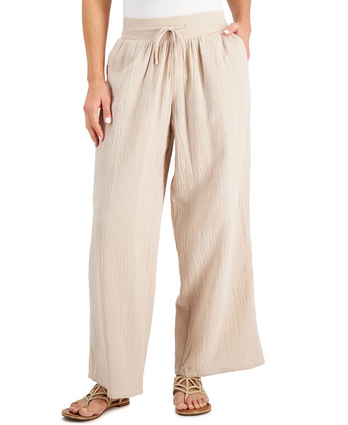 JM Collection Petite Cotton Gauze Wide-Leg Pants, Created for Macy's ...