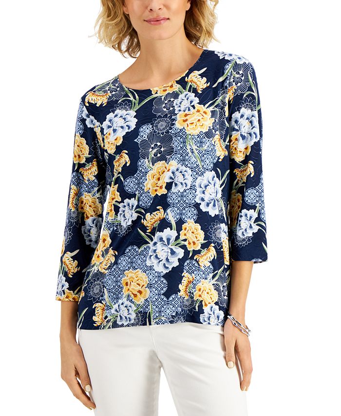 JM Collection Floral-Print Jacquard Top, Created for Macy's - Macy's