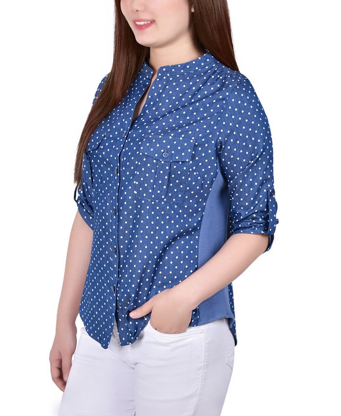 NY Collection Petite 3/4 Roll Tab Sleeve Chambray Blouse Macy's