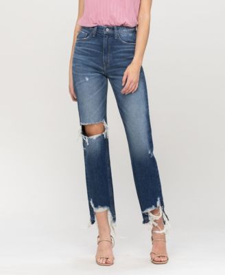 High Rise Distressed Hem Straight Jeans 