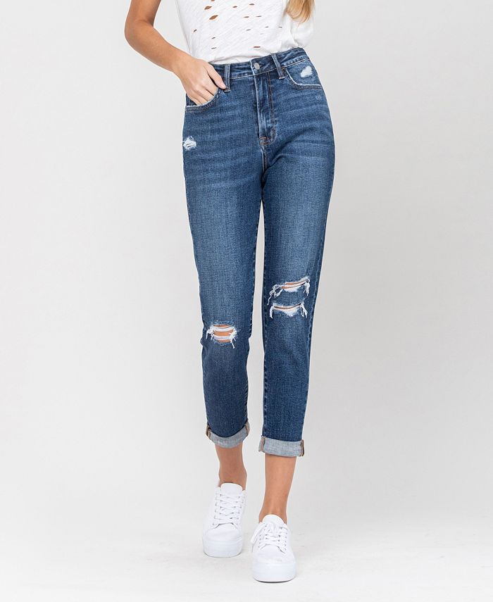 VERVET Women's Distressed Roll Up Stretch Mom Jeans - Macy's