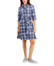 Roll-Tab Sleeve Plaid Shirtdress 