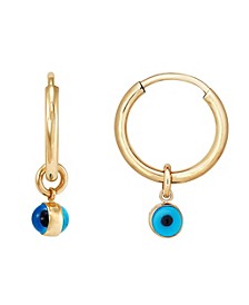 Evil Eye Glass Bead Dangle Hoop Earrings in 10k Gold