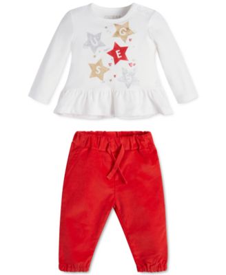 GUESS - Baby Girls Glitter-Print Peplum Top & Corduroy Pants