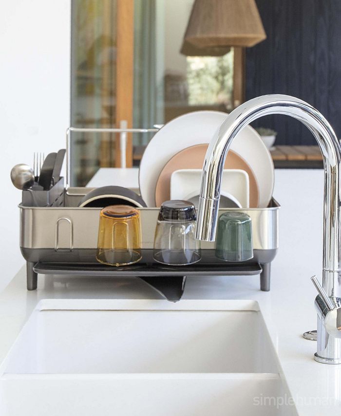 simplehuman Kitchen Dish Drying Rack with Swivel Spout, Fingerprint