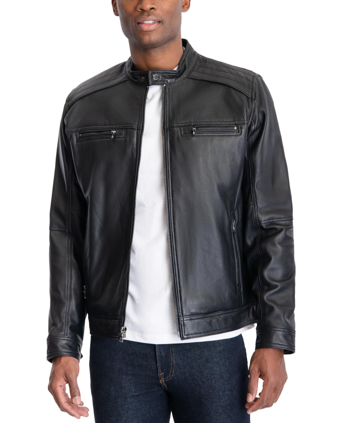 Michael Kors Michael  Men's Perforated Leather Moto Jacket, Created For Macy's In Black