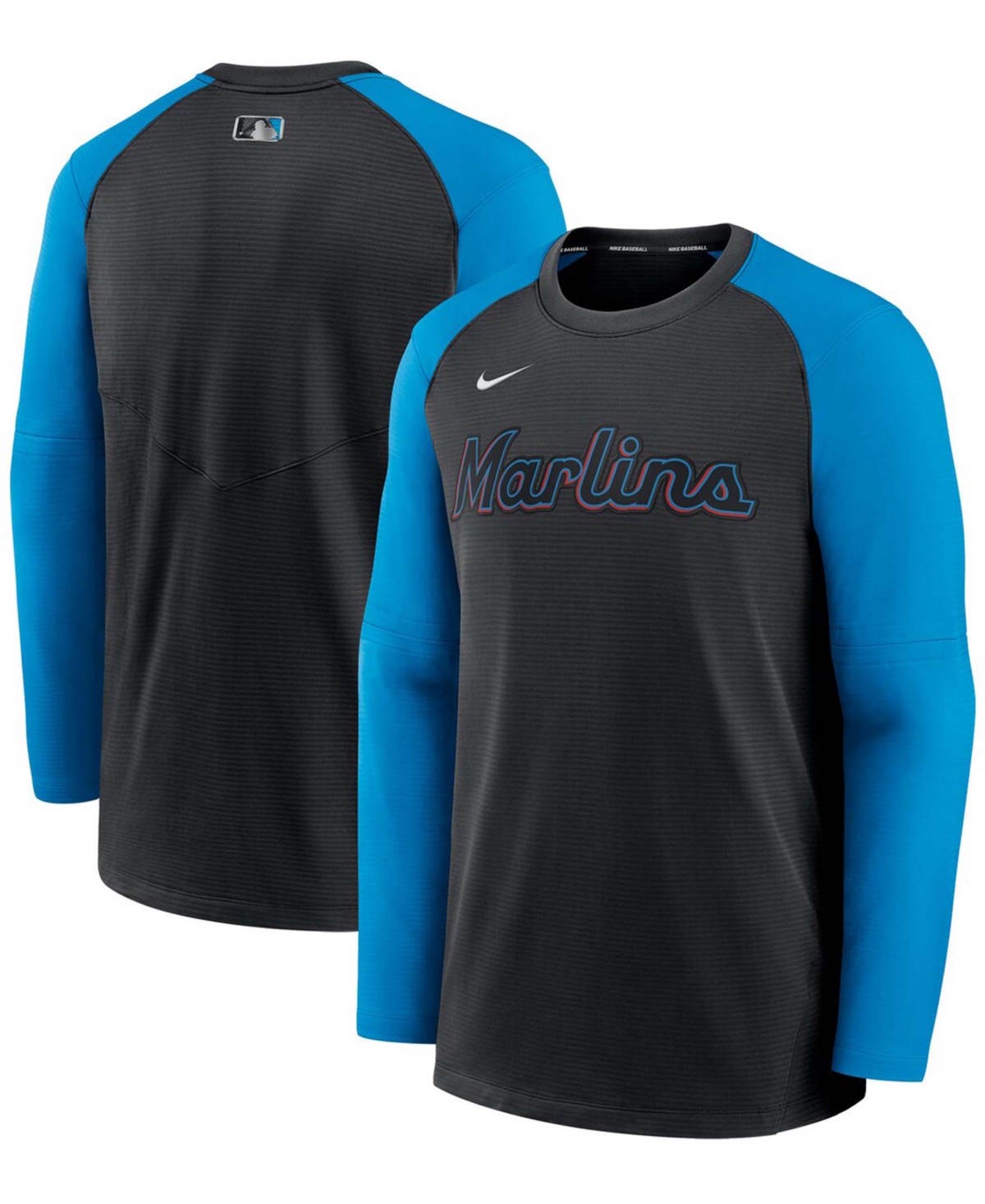 Men's Black, Blue Miami Marlins Authentic Collection Pregame Performance Raglan Pullover Sweatshirt
