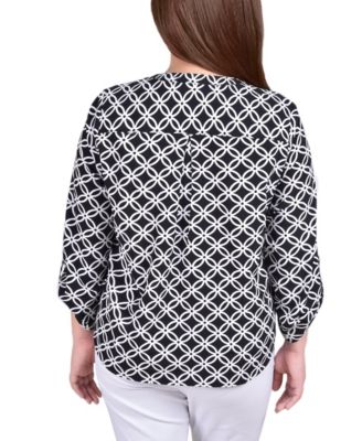 Plus Size 3/4 Sleeve Roll Tab Y Neck Blouse