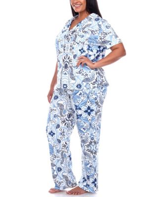 Plus Size Short Sleeve Pants Tropical Pajama Set, 2-Piece